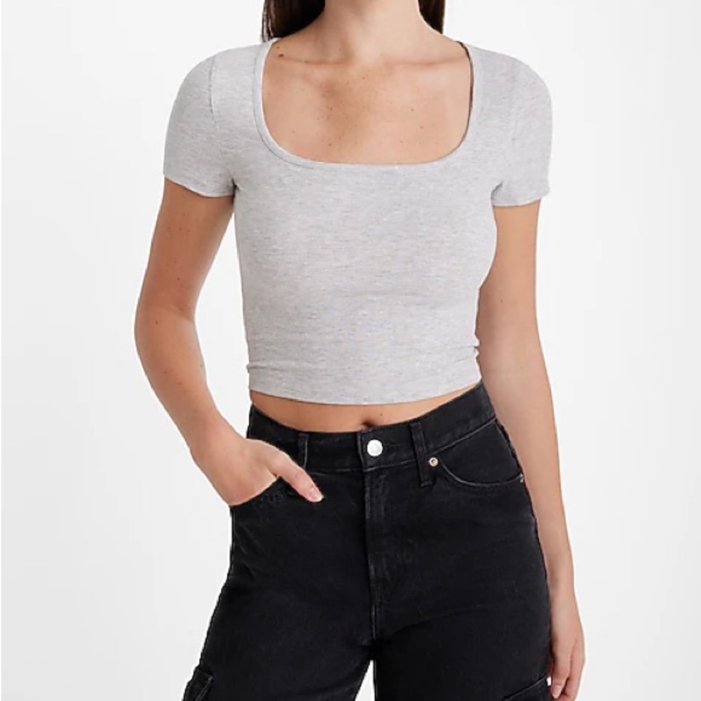 NWT Express Fitted Ribbed Square-Neck Baby Tee in Light Gray Size M